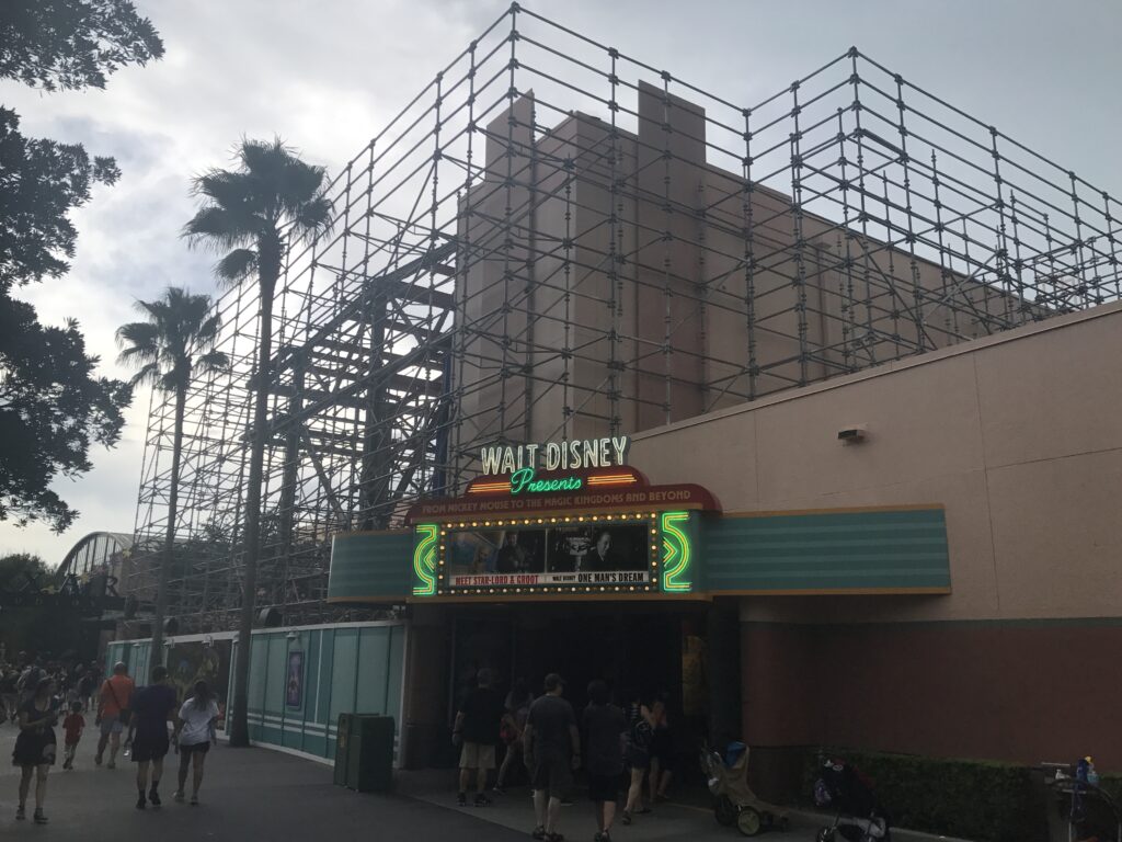 Construction scrims were removed from scaffolding on buildings at Disney's Hollywood Studios as the park prepped for the arrival of Hurricane Irma